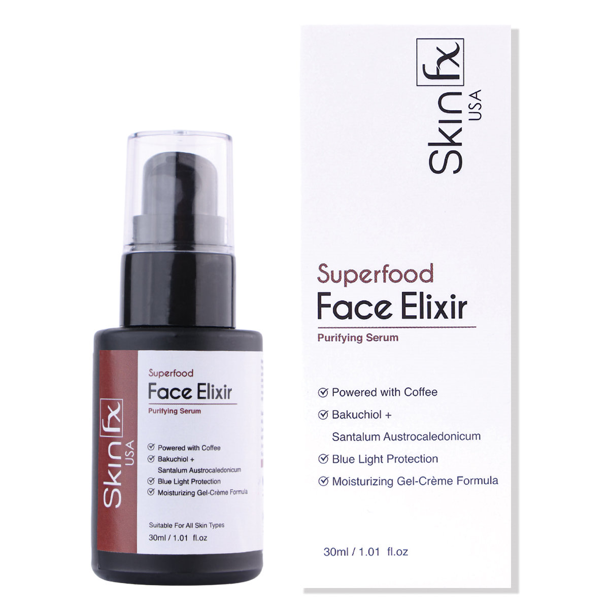 Skin Fx Face Elixir Purifying Serum 30 ml | Coffee, Bakuchiol, Santalum Austrocaledonicum | 72 Hr Of Hydration & Moisturization | Blue Light Protection | Gel-Crème Formula | For All Skin Type, Pack of 1 Skin Fx Face Elixir Purifying Serum 30 ml | Coffee, Bakuchiol, Santalum Austrocaledonicum | 72 Hr Of Hydration & Moisturization | Blue Light Protection | Gel-Crème Formula | For All Skin Type, Pack of 1