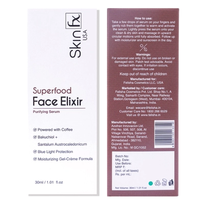 Skin Fx Face Elixir Purifying Serum 30 ml | Coffee, Bakuchiol, Santalum Austrocaledonicum | 72 Hr Of Hydration &amp; Moisturization | Blue Light Protection | Gel-CrÃ¨me Formula | For All Skin Type, Pack of 1