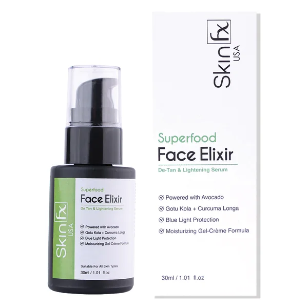 Skin Fx Face Elixir De-Tan &amp; Lightening Serum 30 ml | Avacado, Gotu Kola &amp; Cucuma Longa | For 72 Hr Moisturization | Blue Light Protection | Gel-CrÃ¨me Formula | For All Skin Type, Pack of 1