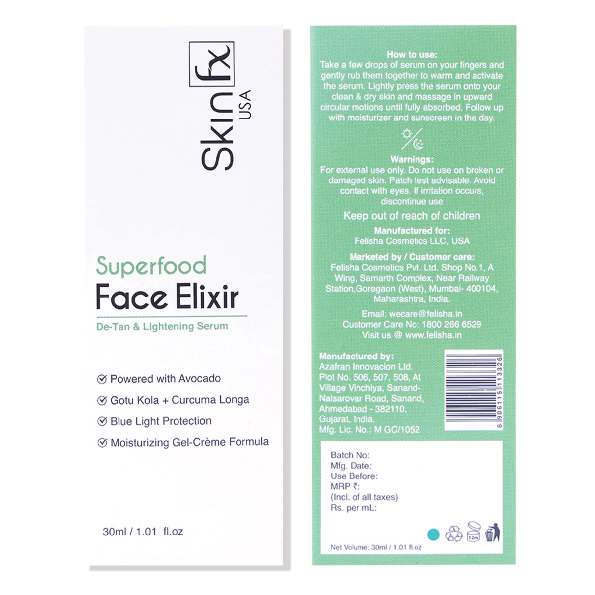 Skin Fx Face Elixir De-Tan & Lightening Serum 30 ml | Avacado, Gotu Kola & Cucuma Longa | For 72 Hr Moisturization | Blue Light Protection | Gel-Crème Formula | For All Skin Type, Pack of 1 Skin Fx Face Elixir De-Tan & Lightening Serum 30 ml | Avacado, Gotu Kola & Cucuma Longa | For 72 Hr Moisturization | Blue Light Protection | Gel-Crème Formula | For All Skin Type, Pack of 1