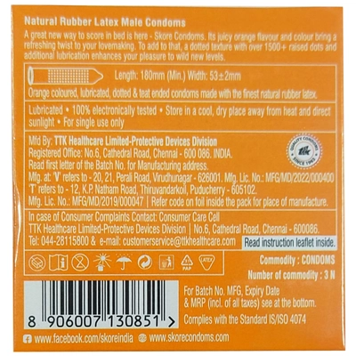 Skore Orange Flavour Condoms, 3 Count, Pack of 1