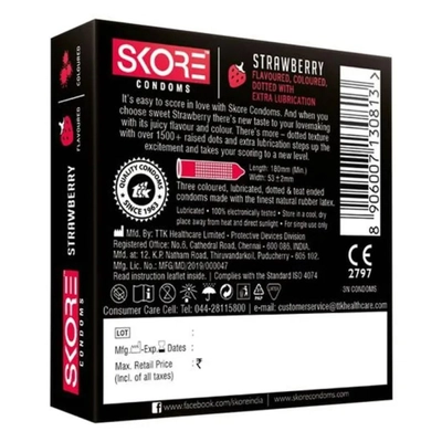 Skore Strawberry Flavour Condoms, 3 Count, Pack of 1