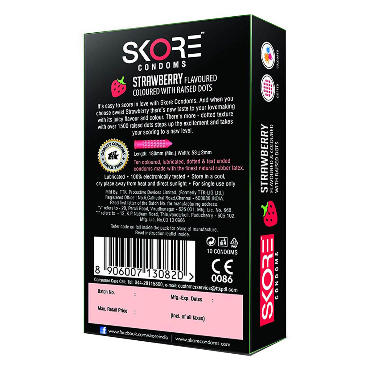 Skore Strawberry Flavour Condoms, 10 Count, Pack of 1 Skore Strawberry Flavour Condoms, 10 Count, Pack of 1