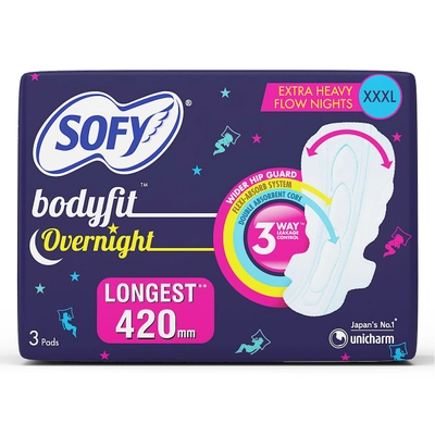 Sofy Bodyfit Overnight Sanitary Pads XXXL, 3 Count, Pack of 1