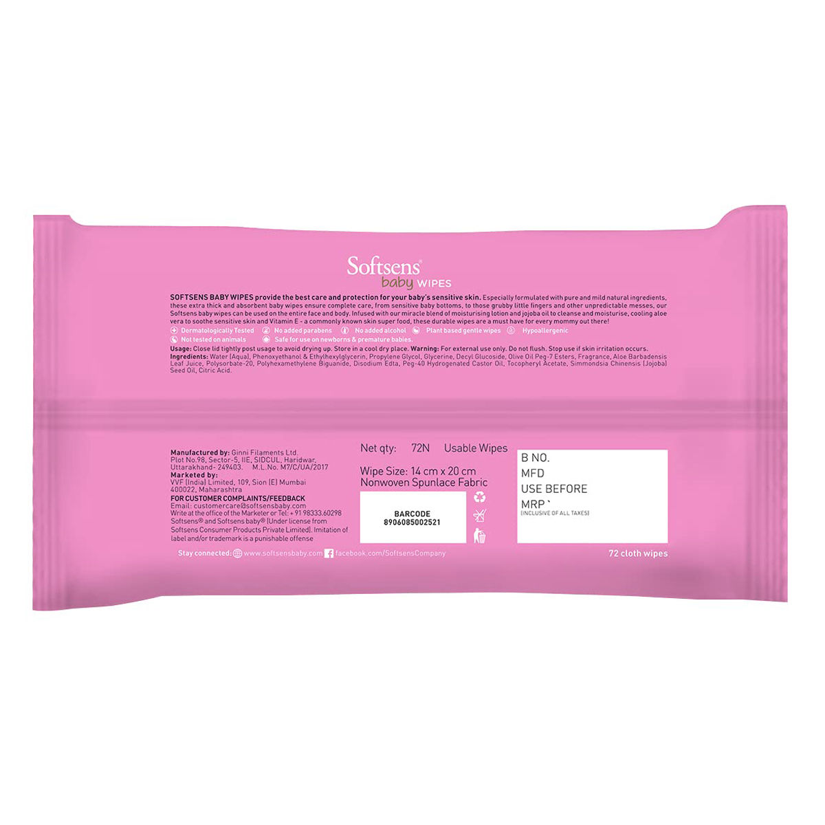 Softsens Aloevera & Vitamin E Baby WIpes, 72 Count, Pack of 1 