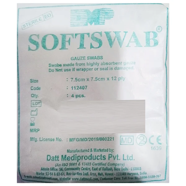 Datt Softswab Gauze Swab 7.5 cm x 7.5 cm x 12 Ply 112407, 4 Count, Pack of 1