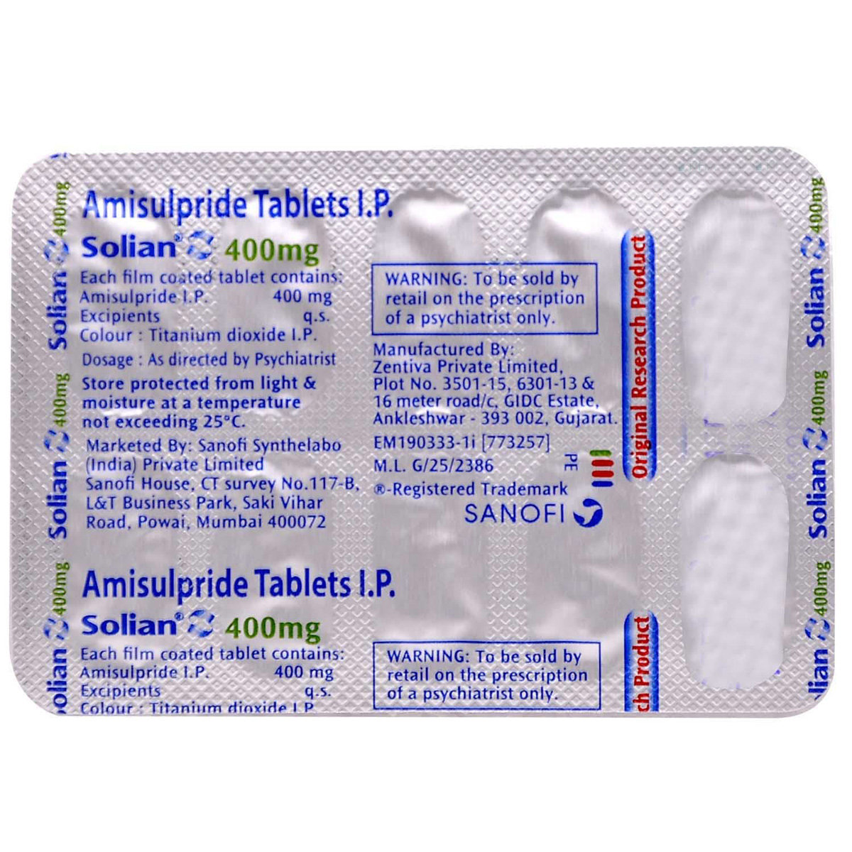 SOLIAN 400MG TABLET, Pack of 10 TABLETS SOLIAN 400MG TABLET, Pack of 10 TABLETS