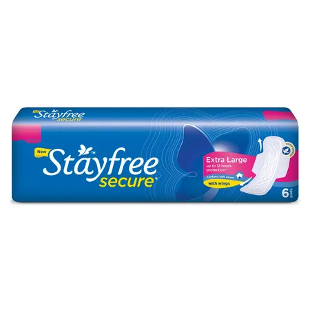Stayfree Secure Cottony Soft Cover Sanitary Pads With Wings XL, 6 Count
