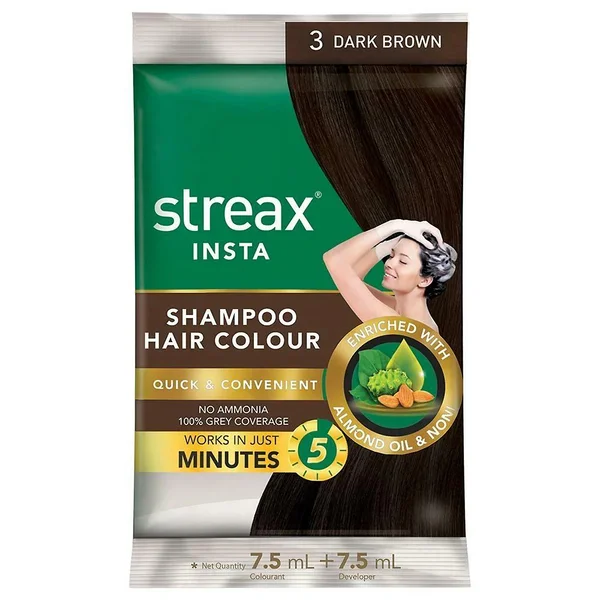 Streax Insta Shampoo Hair Colour Dark Brown-3, 7.5ml + 7.5ml, Pack of 1