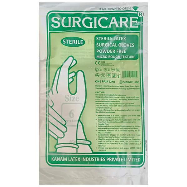 Kanam Latex Surgicare PF Micro Rough Texture Surgical Gloves 6.0, Pack of 1