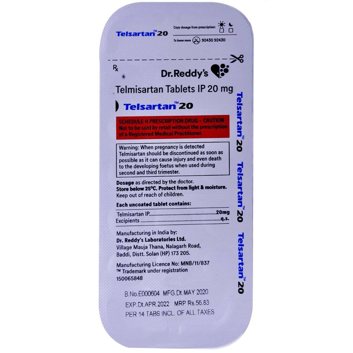 Telsartan 20 Tablet 14's, Pack of 14 TABLETS Telsartan 20 Tablet 14's, Pack of 14 TABLETS