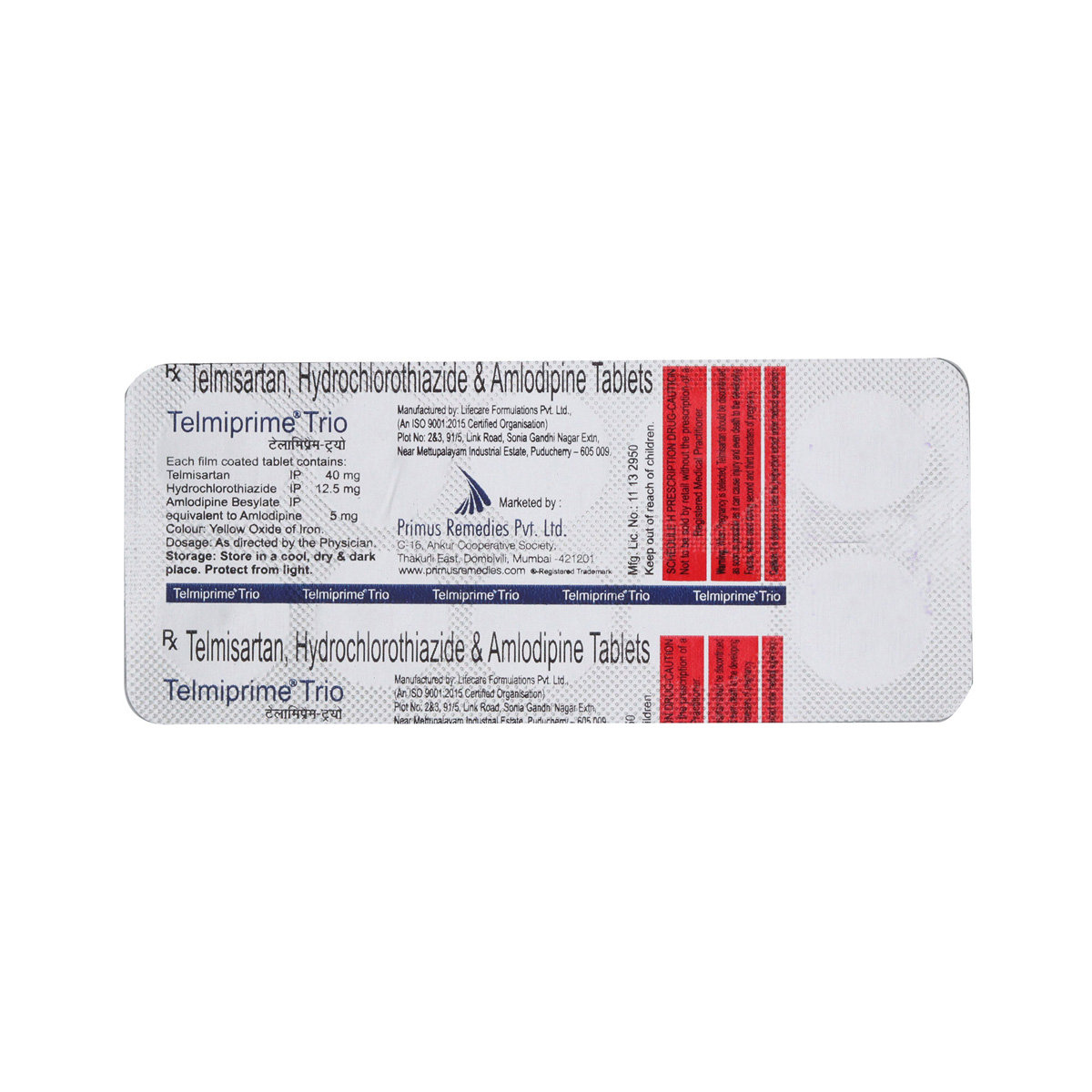 Telmiprime Trio 40/12.5/5Mg Tablet 10'S, Pack of 10 TabletS Telmiprime Trio 40/12.5/5Mg Tablet 10'S, Pack of 10 TabletS