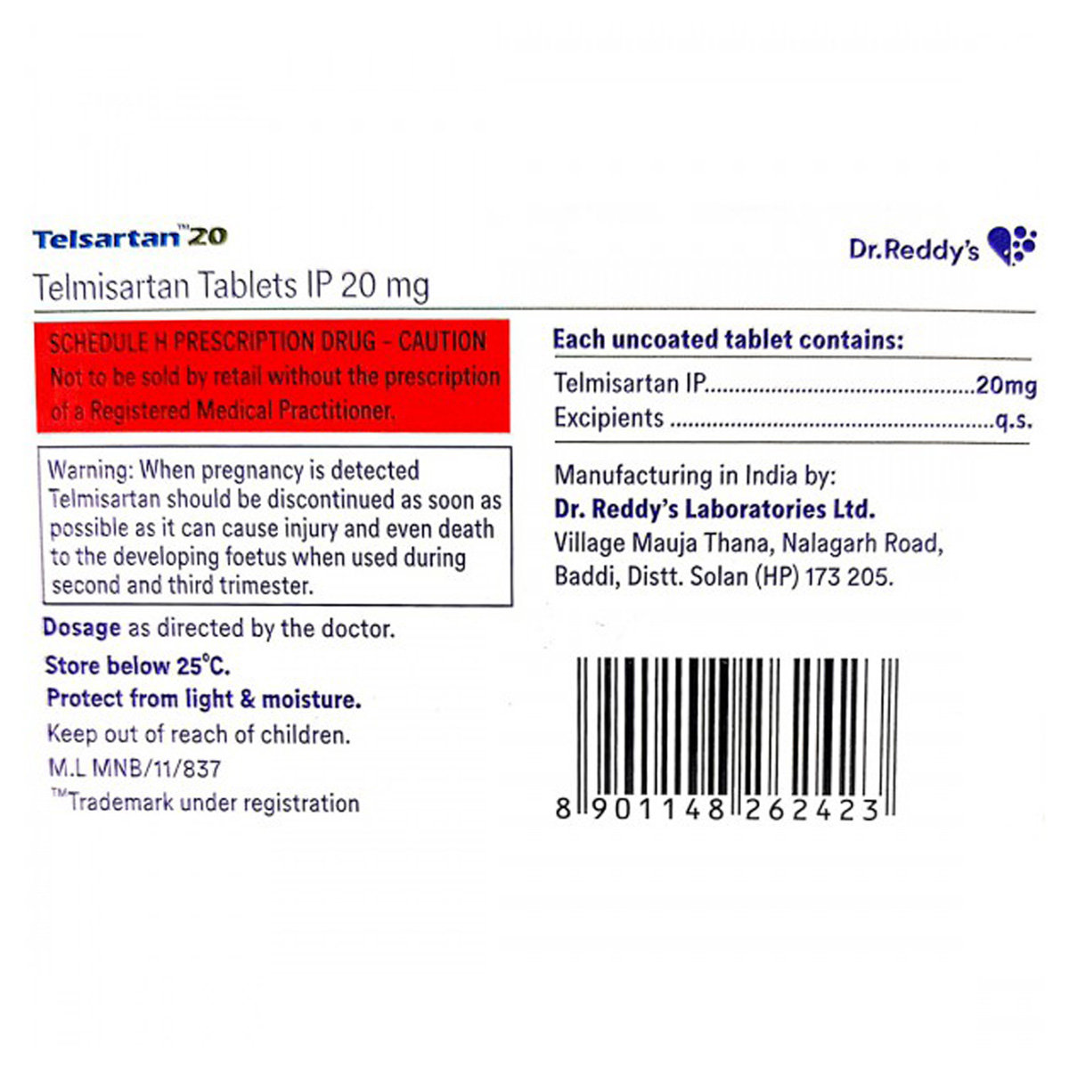 Telsartan 20 Tablet 15's, Pack of 15 TABLETS Telsartan 20 Tablet 15's, Pack of 15 TABLETS