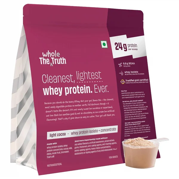 The Whole Truth Light Cocoa Whey Protein Isolate+Concentrate Powder, 1 Kg, Pack of 1