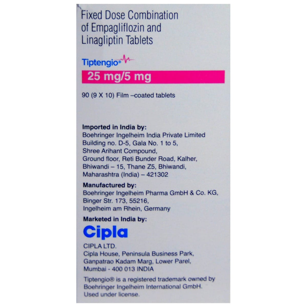 Tiptengio 25 mg/5 mg Tablet 10's
, Pack of 10 TABLETS Tiptengio 25 mg/5 mg Tablet 10's
, Pack of 10 TABLETS