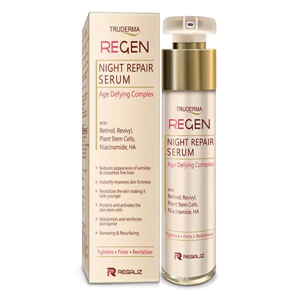 Truderma Regen Night Repair Serum 50 ml | With Retinol, Revivyl, Plant Stem Cells, Niacinamide, HA | Reduces Fine Lines &amp; Wrinkles | Helps In Skin Tightening &amp; Firming, Pack of 1