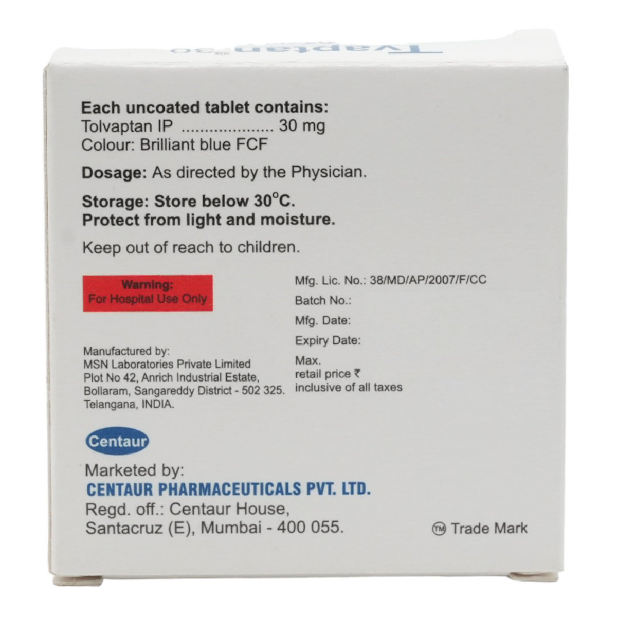 TVAPTAN 30MG TABLET, Pack of 4 TABLETS TVAPTAN 30MG TABLET, Pack of 4 TABLETS