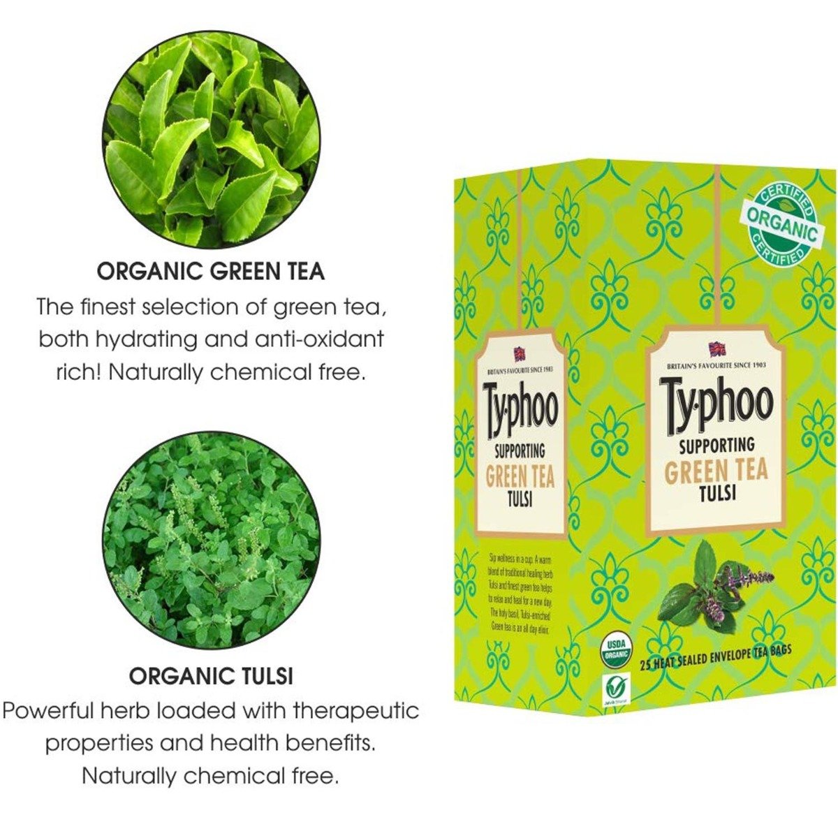 Ty.phoo Supporting Green Tea Tulsi Bags, 25 Count, Pack of 1 Ty.phoo Supporting Green Tea Tulsi Bags, 25 Count, Pack of 1