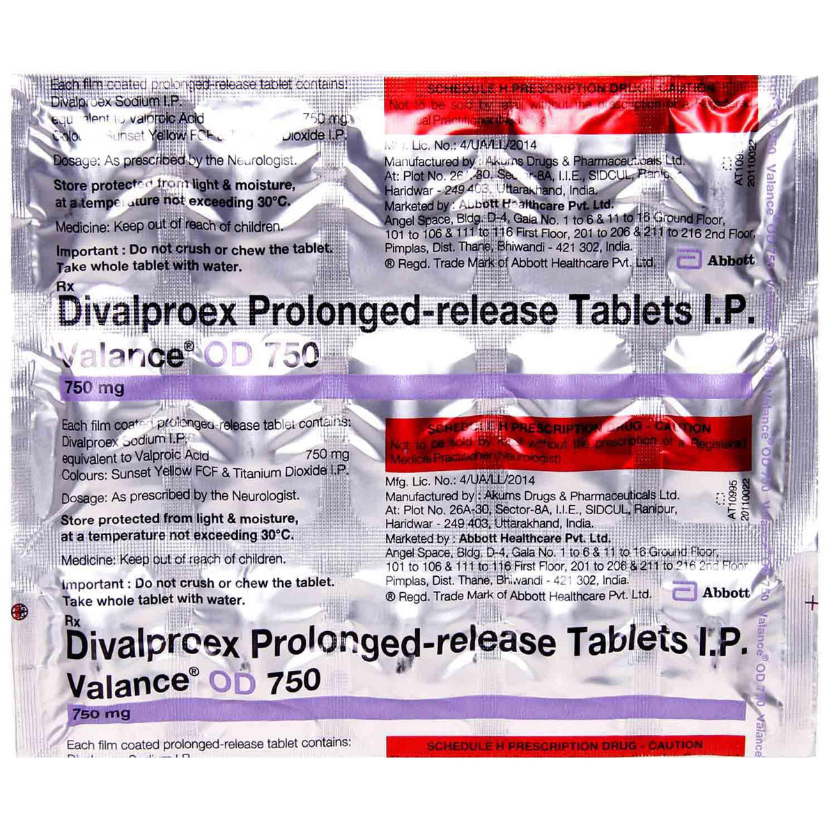 Valance OD 750 mg Tablet 15's, Pack of 15 TABLETS Valance OD 750 mg Tablet 15's, Pack of 15 TABLETS