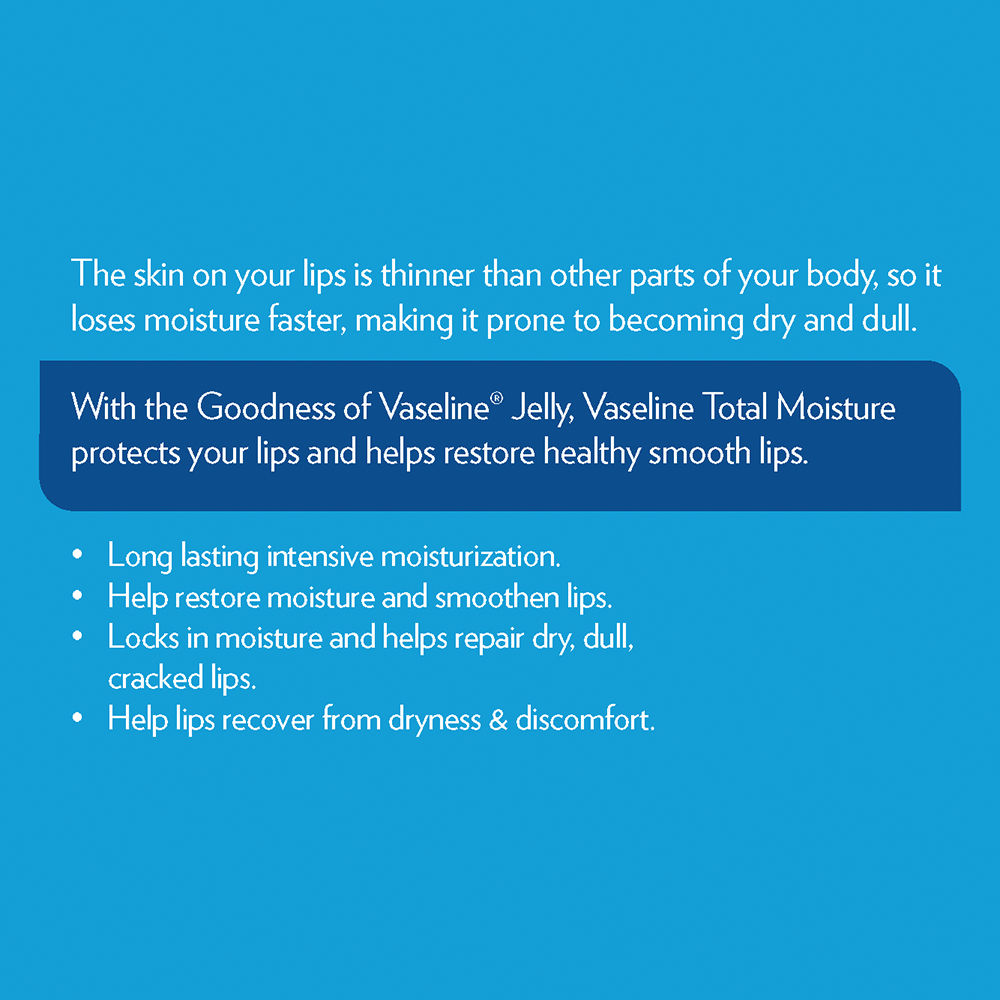 Vaseline Total Moisture Lip Care 10 gm | Long lasting Intensive Moisturization | Repair Dry, dull & Cracked Lips, Pack of 1 Vaseline Total Moisture Lip Care 10 gm | Long lasting Intensive Moisturization | Repair Dry, dull & Cracked Lips, Pack of 1