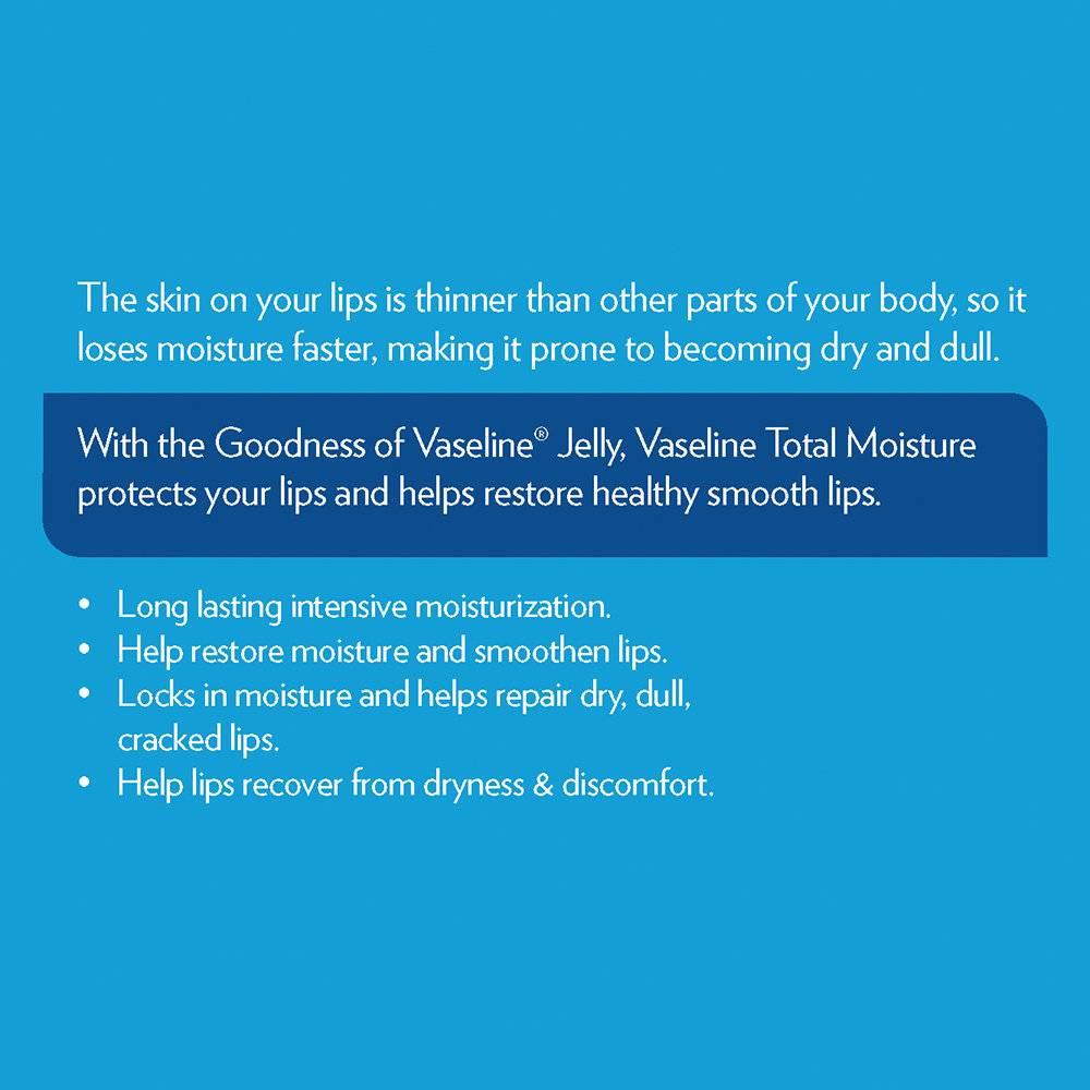 Vaseline Total Moisture Lip Care 10 gm | Long lasting Intensive Moisturization | Repair Dry, dull & Cracked Lips, Pack of 1 Vaseline Total Moisture Lip Care 10 gm | Long lasting Intensive Moisturization | Repair Dry, dull & Cracked Lips, Pack of 1