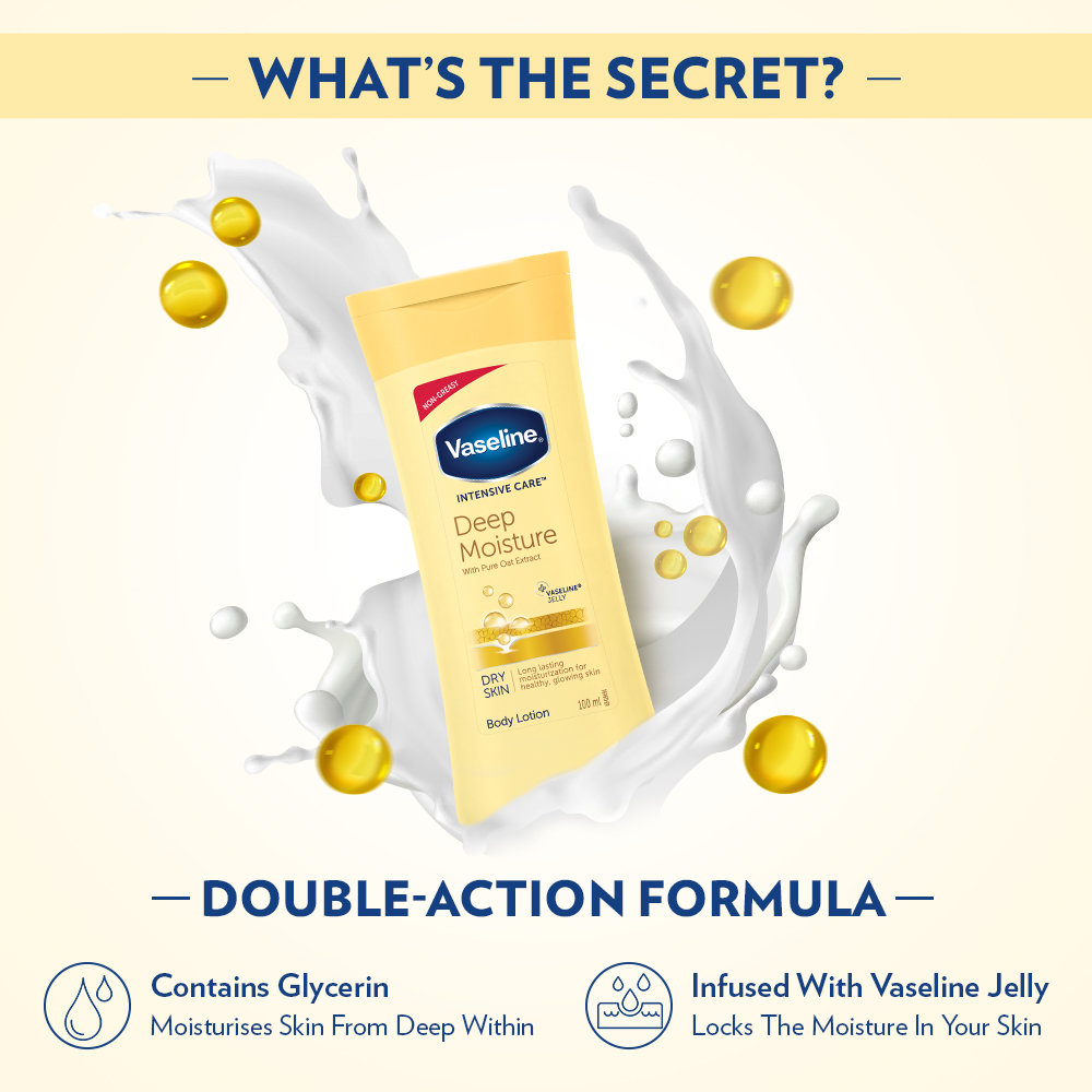 Vaseline Intensive Care Deep Moisture Body Lotion 100 ml | Long Lasting Moisturization Upto 48 Hrs | Non Greasy & Fast Absorbing | For Dry Skin, Pack of 1 Vaseline Intensive Care Deep Moisture Body Lotion 100 ml | Long Lasting Moisturization Upto 48 Hrs | Non Greasy & Fast Absorbing | For Dry Skin, Pack of 1