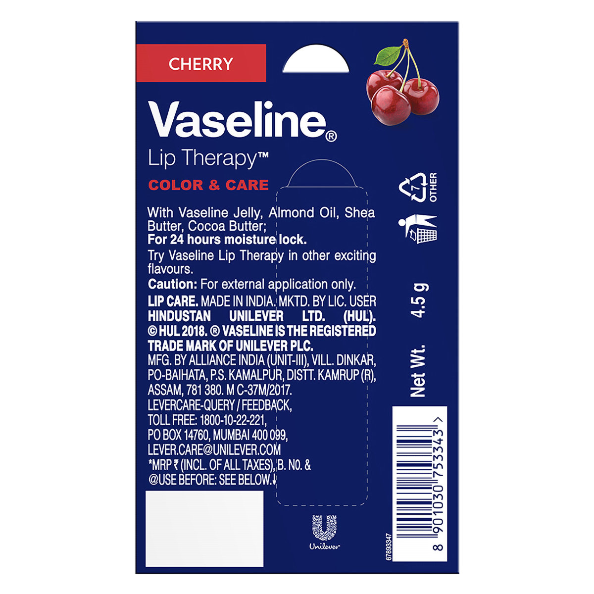 Vaseline Color & Care Cherry Chapstick, 4.5 gm, Pack of 1 Vaseline Color & Care Cherry Chapstick, 4.5 gm, Pack of 1