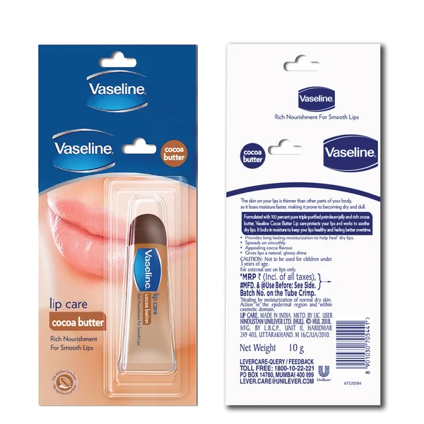 Vaseline Cocoa Butter Lip Care 10 gm | With 100% Pure Cocoa Butter | Long Lasting Intensive Moisturisation | Heal Dry, Dull &amp; Cracked Lips | Gives Natural &amp; Glossy Shine, Pack of 1