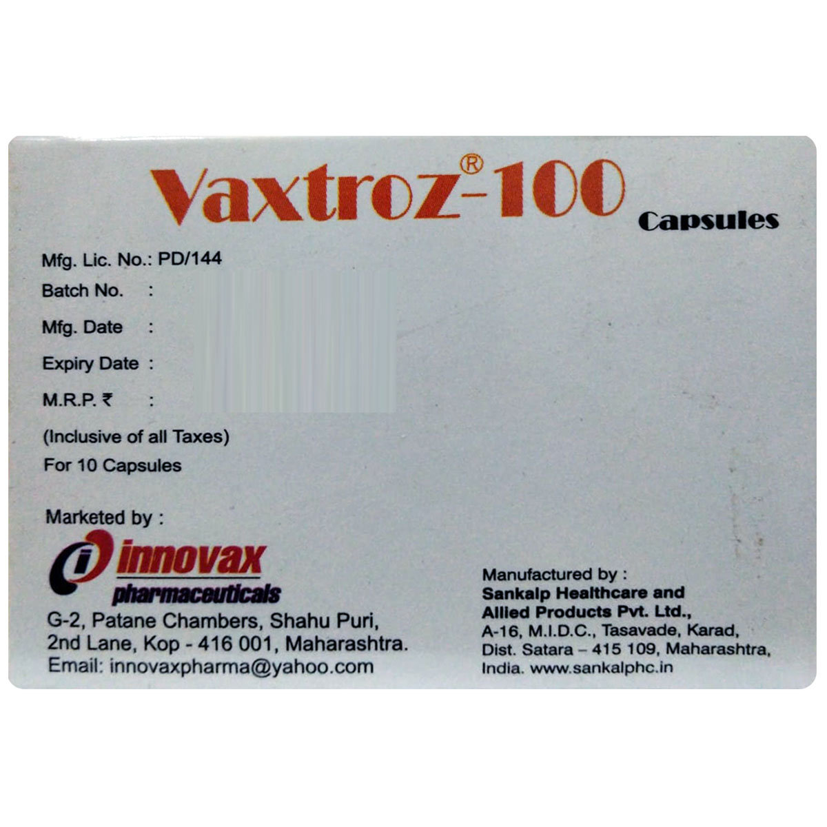 Vaxtroz-100 Capsule 10's, Pack of 10 CAPSULES Vaxtroz-100 Capsule 10's, Pack of 10 CAPSULES