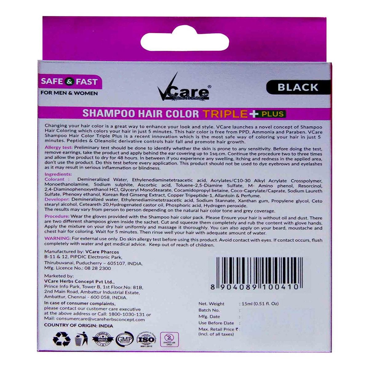 Vcare Triple Plus Hair Color Shampoo, 15 ml, Pack of 1 Vcare Triple Plus Hair Color Shampoo, 15 ml, Pack of 1