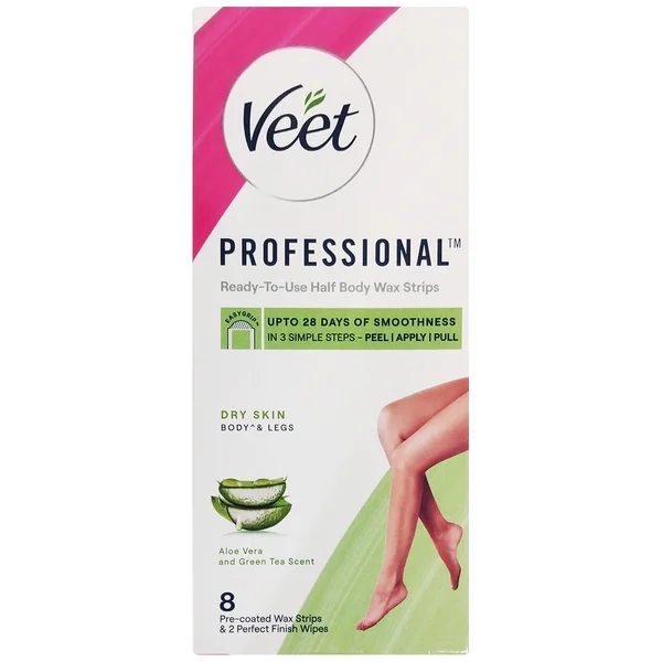 Veet Professional Aloevera & Green Tea Wax Strips, 8 Count | For Dry Skin 