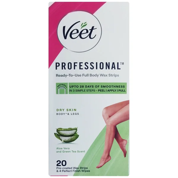 Veet Professional Aloevera & Green Tea Wax Strips, 20 Count | For Dry Skin