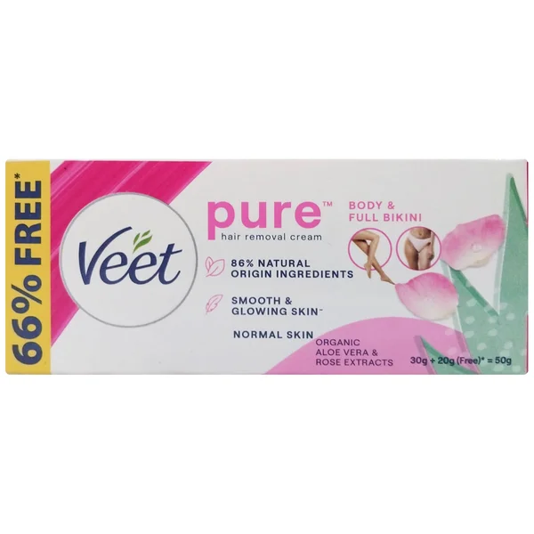 Veet Pure Aloevera & Rose Hair Removal Cream, 30 gm (20 gm Free)