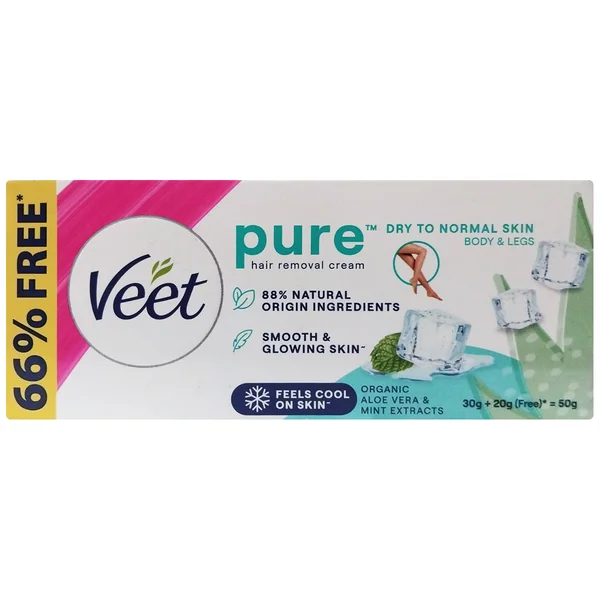 Veet Pure Aloevera & Mint Hair Removal Cream, 30 gm (20 gm Free)