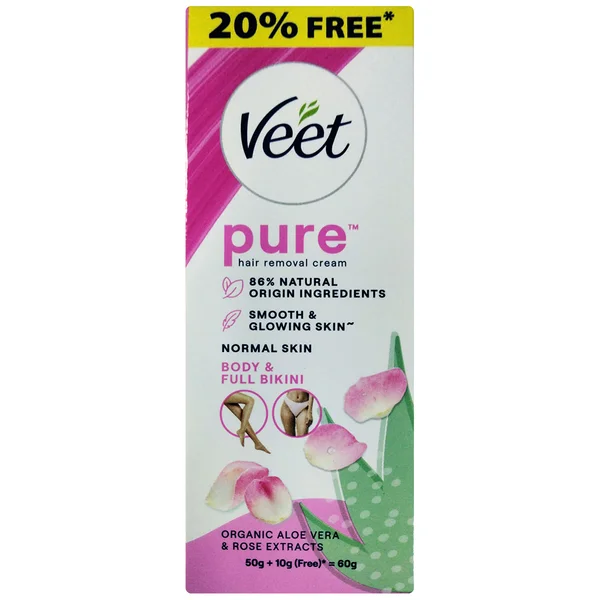 Veet Pure Aloevera & Rose Hair Removal Cream, 50 gm (10 gm Free)