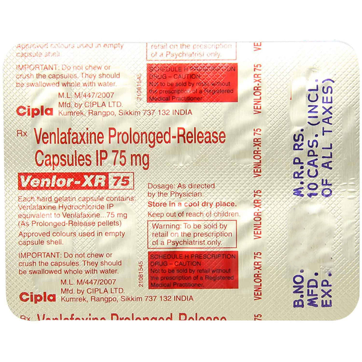 Venlor-XR 75 Capsule 10's, Pack of 10 CAPSULES Venlor-XR 75 Capsule 10's, Pack of 10 CAPSULES