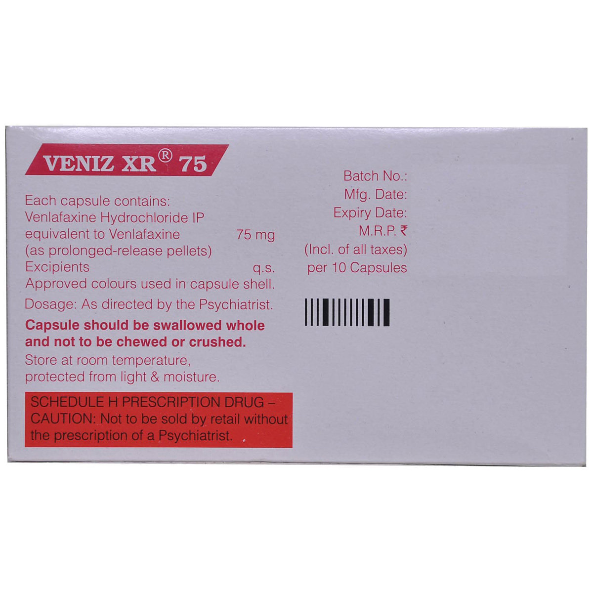 Veniz XR 75 Capsule 10's, Pack of 10 CAPSULES Veniz XR 75 Capsule 10's, Pack of 10 CAPSULES