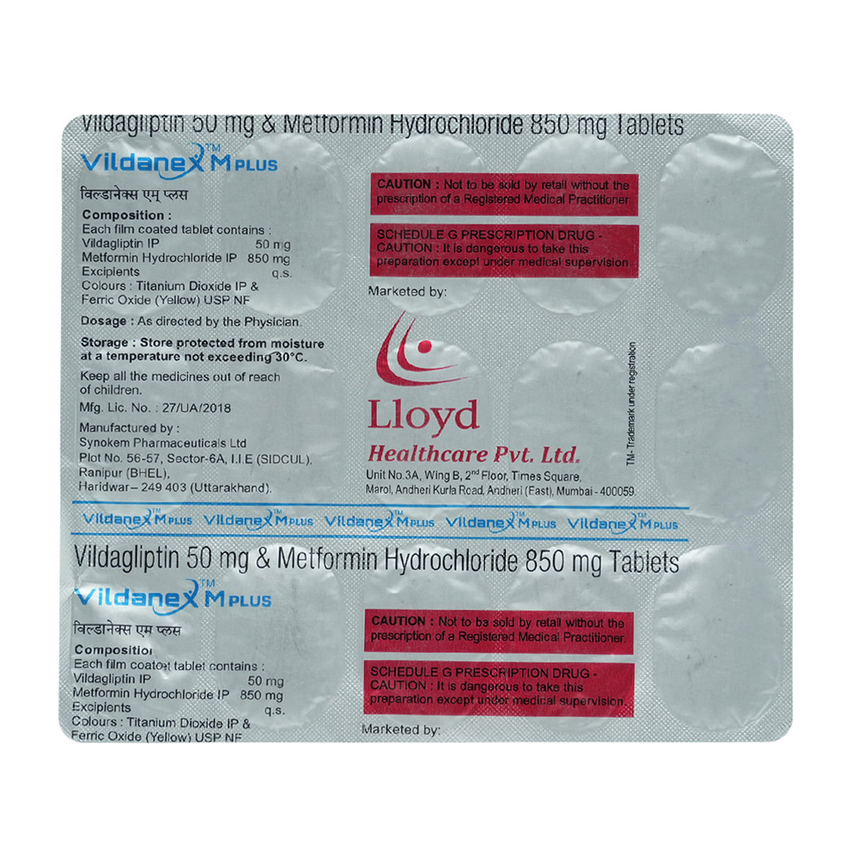 Vildanex M Plus 50/850mg Tablet 15's, Pack of 15 TabletS Vildanex M Plus 50/850mg Tablet 15's, Pack of 15 TabletS