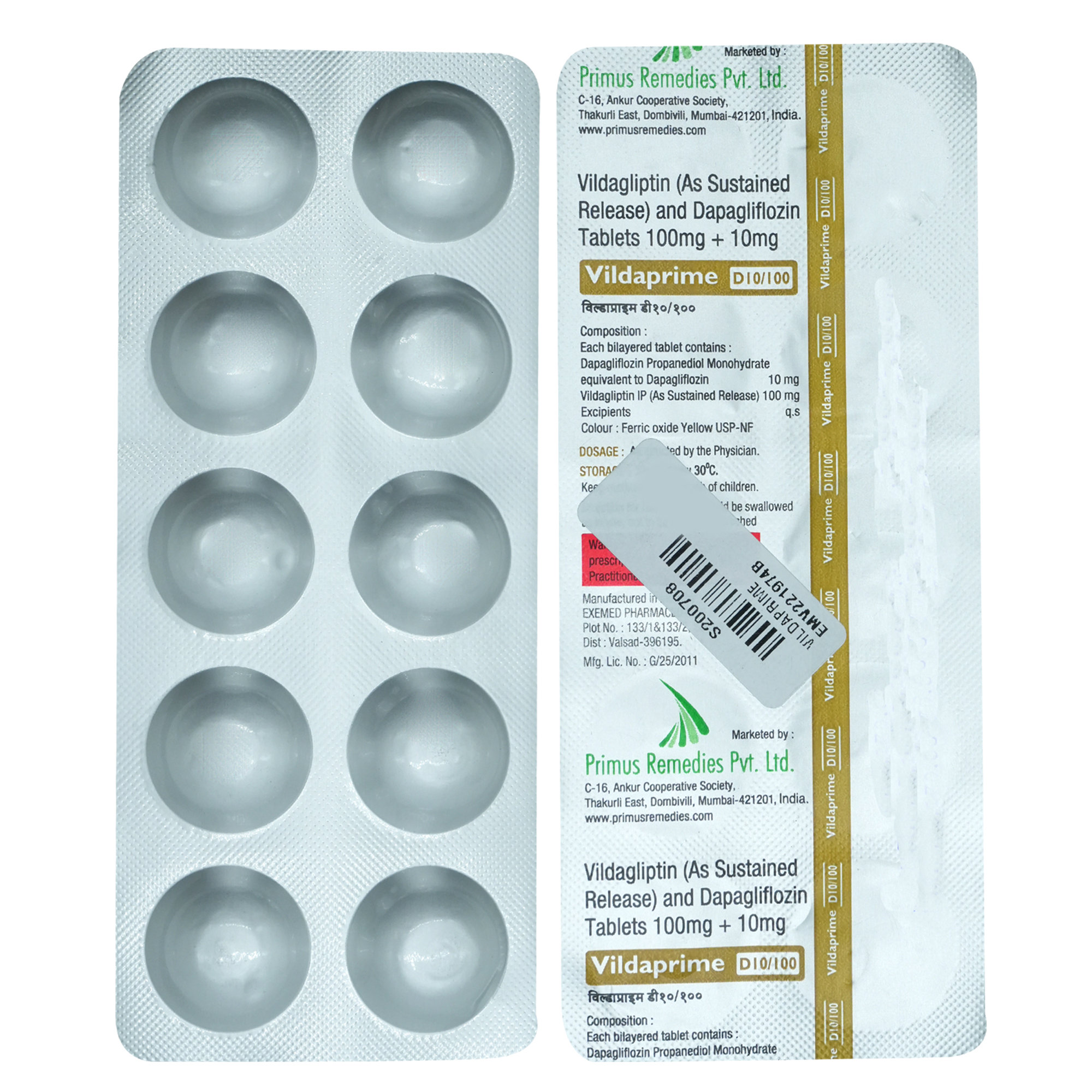 Vildaprime D 10 mg/100 mg Tablet 10's, Pack of 10 Vildaprime D 10 mg/100 mg Tablet 10's, Pack of 10