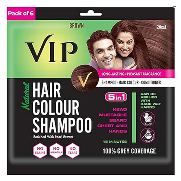 VIP Natural Hair Colour Shampoo Brown, 20 ml, Pack of 1