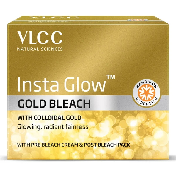 VLCC Insta Glow Gold Bleach 30 gm | With Colloidal Gold | With pre &amp; Post Bleach Cream | For Glowing &amp; Radiant Fairness, Pack of 1