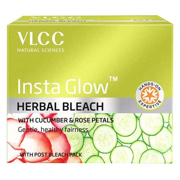 VLCC Insta Glow Herbal Bleach 27 gm | Cucumber &amp; Rose Petals | Post Pleach Cream | Get Healthy Fairness, Pack of 1