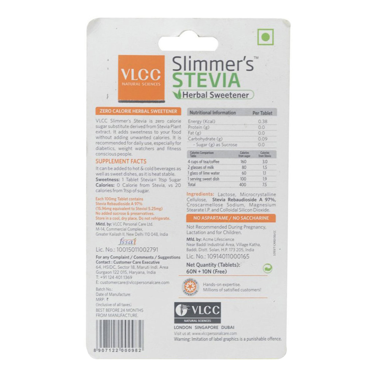 VLCC Slimmer's Stevia Herbal Sweetener, 60 Tablets, Pack of 1 VLCC Slimmer's Stevia Herbal Sweetener, 60 Tablets, Pack of 1