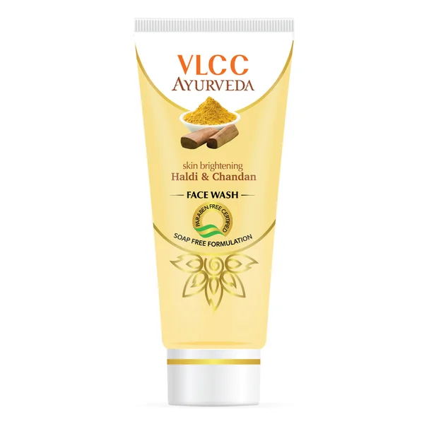 VLCC Ayurveda Skin Brightening Face Wash 100 ml | Haldi &amp; Chandan | Brightens Skin | Reduces Blemishes | Soap Free Formula, Pack of 1