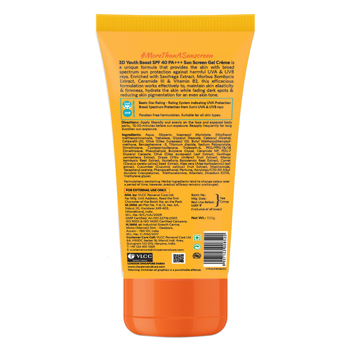 VLCC 3D Youth Boost SPF 40 PA+++ Sunscreen Gel Creme, 100 gm Price ...