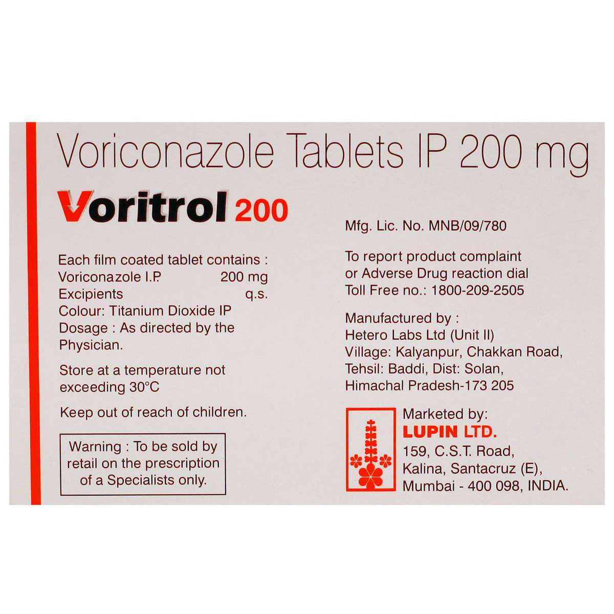 Voritrol 200 Tablet 4's, Pack of 4 TABLETS Voritrol 200 Tablet 4's, Pack of 4 TABLETS