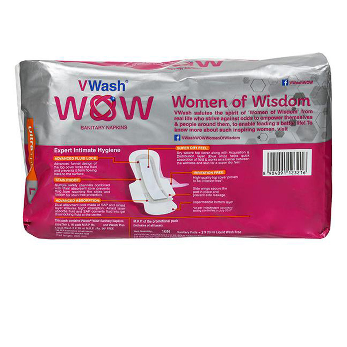 VWash Wow Ultra Thin Sanitary Napkins Large, 16 Count, Pack of 1 VWash Wow Ultra Thin Sanitary Napkins Large, 16 Count, Pack of 1