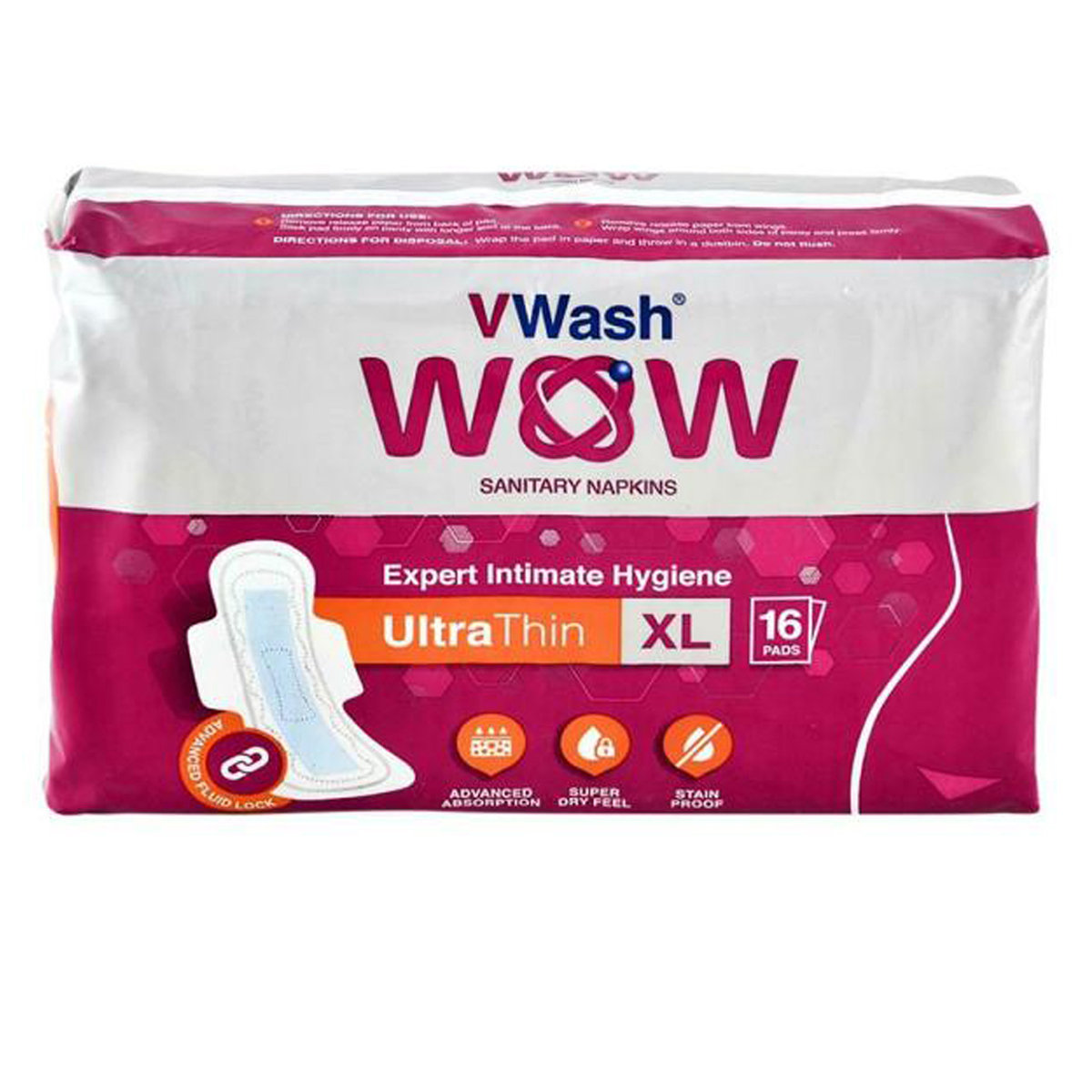 VWash Wow Ultra Thin Sanitary Napkins,XL, 16 Count, Pack of 1 VWash Wow Ultra Thin Sanitary Napkins,XL, 16 Count, Pack of 1