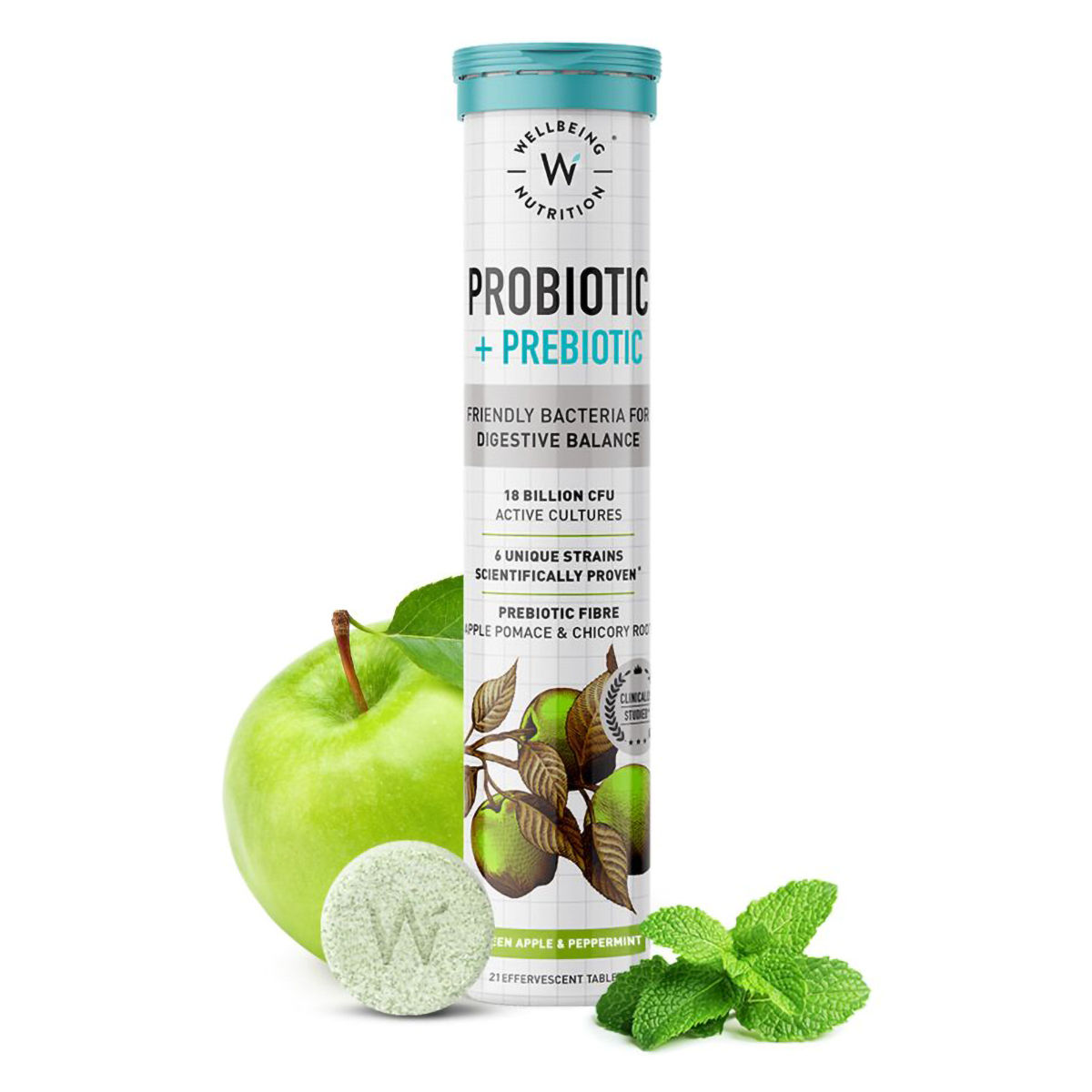 Buy Wellbeing Nutrition Probiotic + Prebiotic Green Apple & Peppermint Flavour, 21 Effervescent Tablets Online
