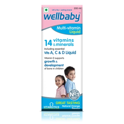 Wellbaby Multivitamin Orange Flavour Liquid, 200 ml, Pack of 1